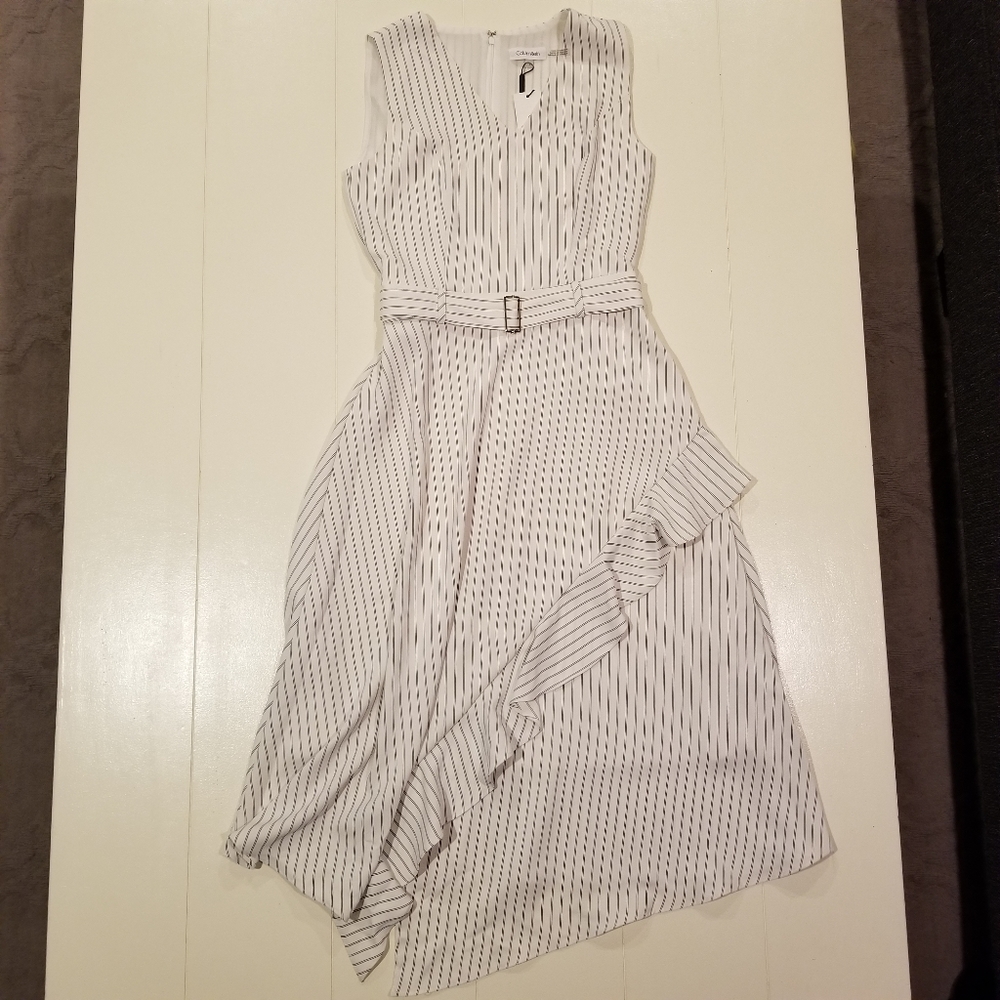 CALVIN KLEIN Pinstripe Asymmetric Ruffle Dress